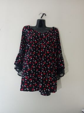 Lane Bryant Black Cherry Bell-Sleeve Blouse with Red and White Accents